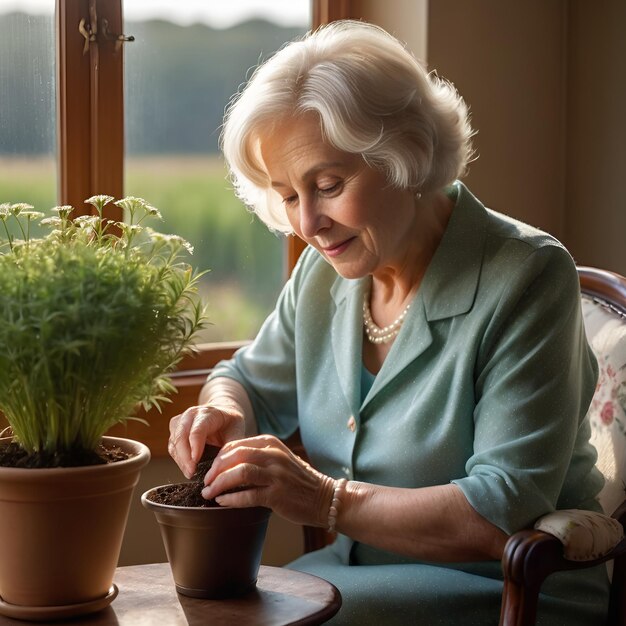 a woman working in a house plant and looking out a window