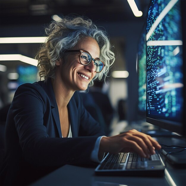 A woman working in IT company business woman with gray hair wearing glasses generated by AI