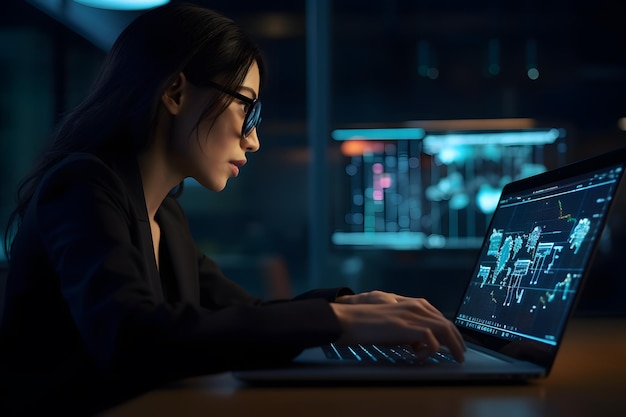 A woman working on a laptop and analyzing data