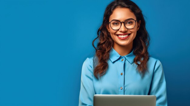 Foto donna che lavora in un computer portatile su sfondo blu assistente di investimento receptionist donna che tiene il computer