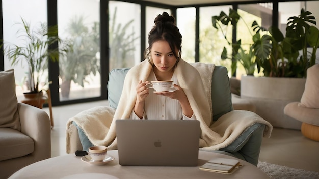 家でお茶を飲みながらラップトップで働いている女性