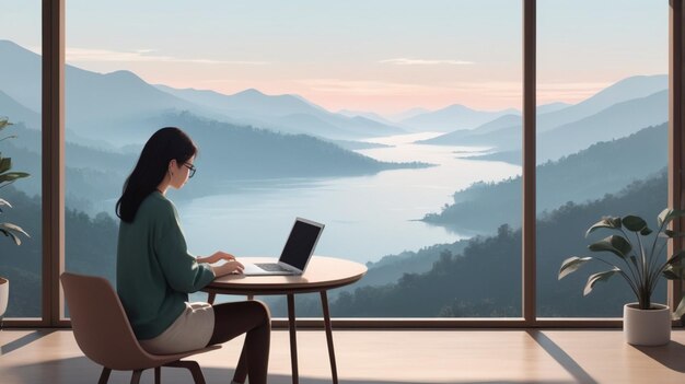 Photo a woman working on a laptop in front of a mountain view