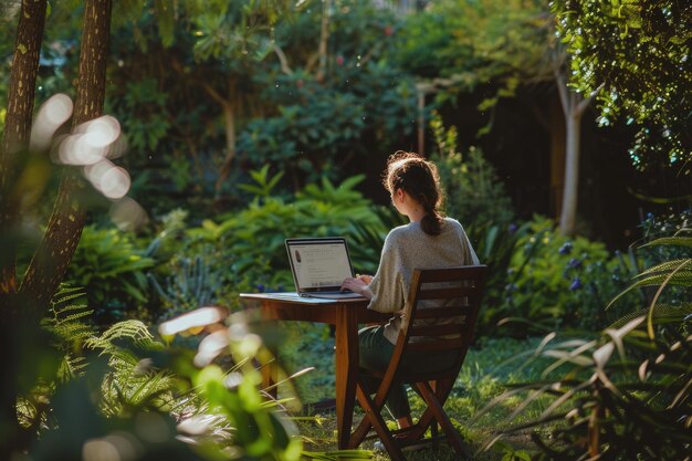 Photo woman working on laptop in garden surrounded by nature creating tranquil workspace aig58