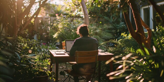 Photo woman working on laptop in garden surrounded by nature creating tranquil workspace aig