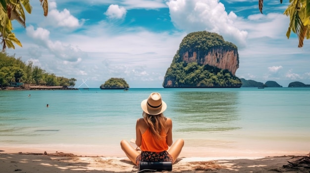 a woman working on a laptop in her lap sitting crosslegged on a beach on a Thai island