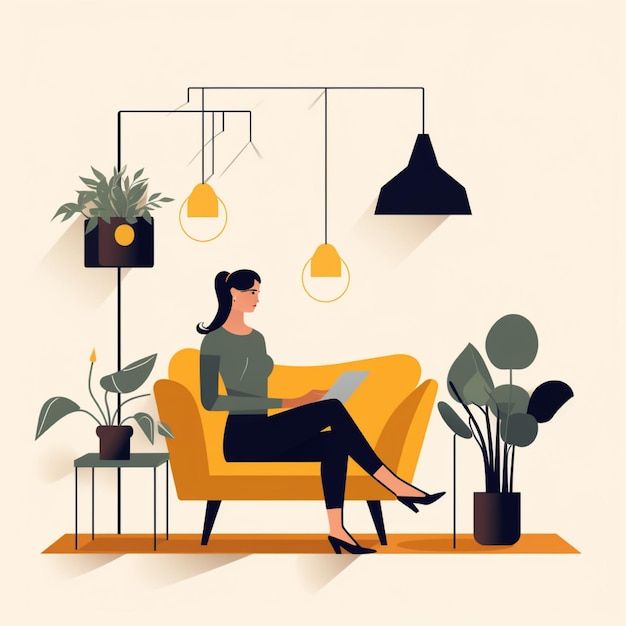 Woman working on laptop at home Flat design Vector illustration