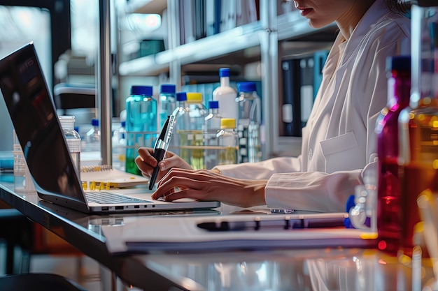 Photo a woman working on a laptop in a lab