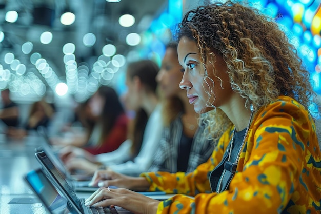 Photo woman working on a laptop in a modern brightly lit workspace