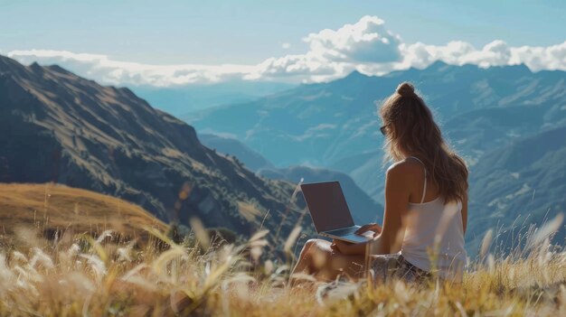 Foto donna che lavora al portatile in un paesaggio di montagna