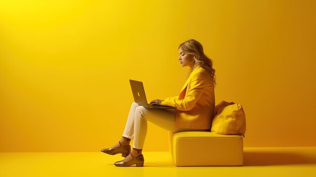 Photo woman working on laptop online checking emails and planning on the internet while sitting in an off