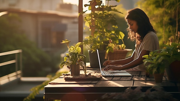 Женщина работает на ноутбуке снаружи