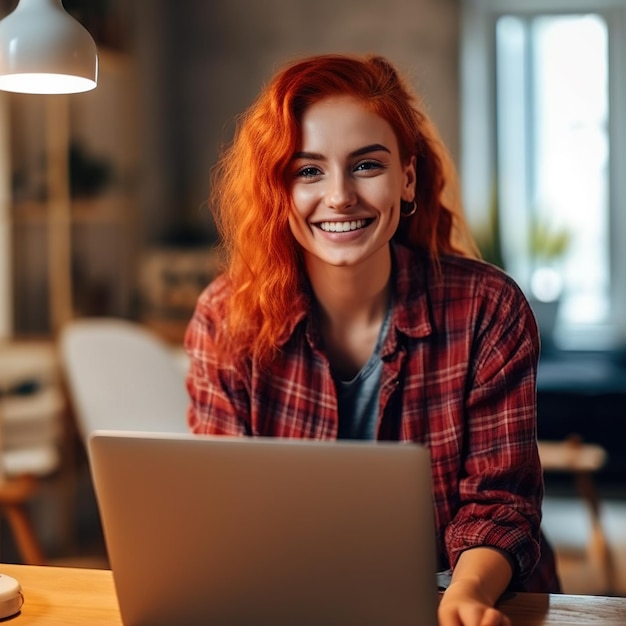 Женщина работает на ноутбуке и улыбается Генеративный ИИ