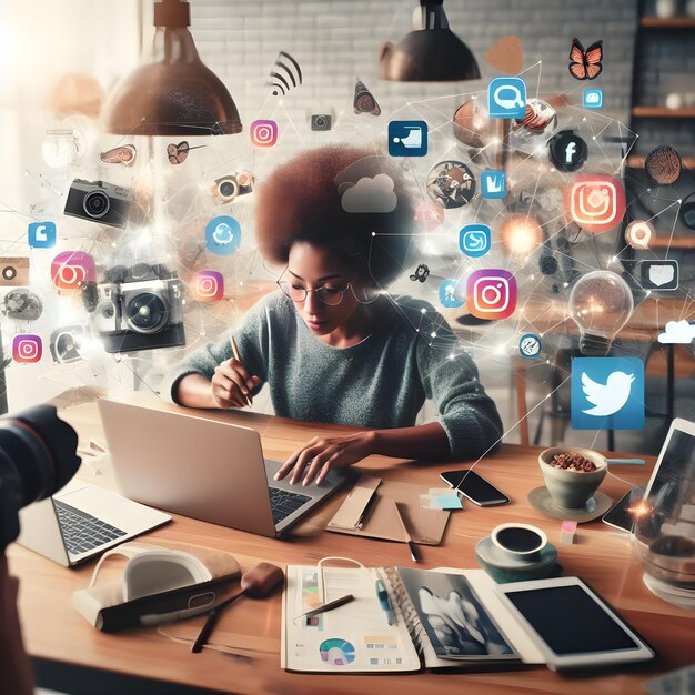 Photo woman working on a laptop surrounded by technology and social media icons