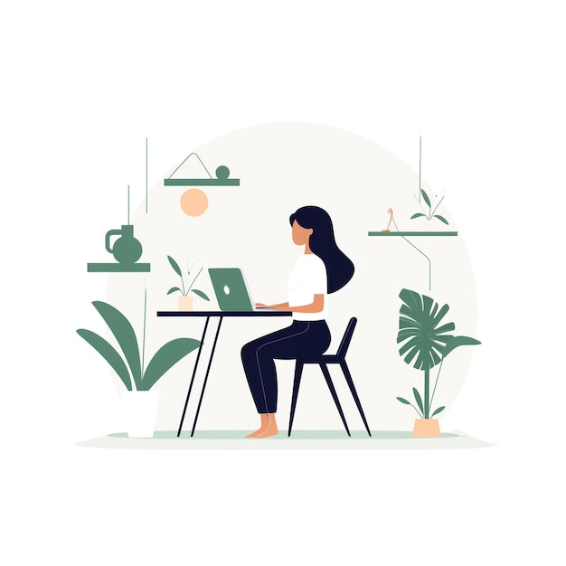 Photo woman working in laptop on table 3d animation style illustration