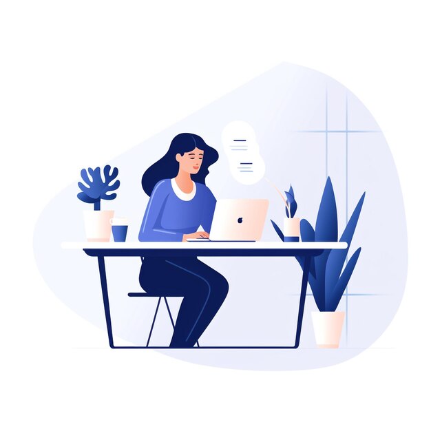 Woman working in laptop on table 3d animation style illustration