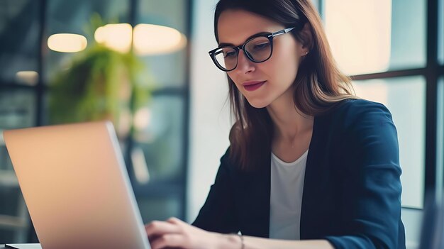 Woman Working on Laptop at Table Generative AI