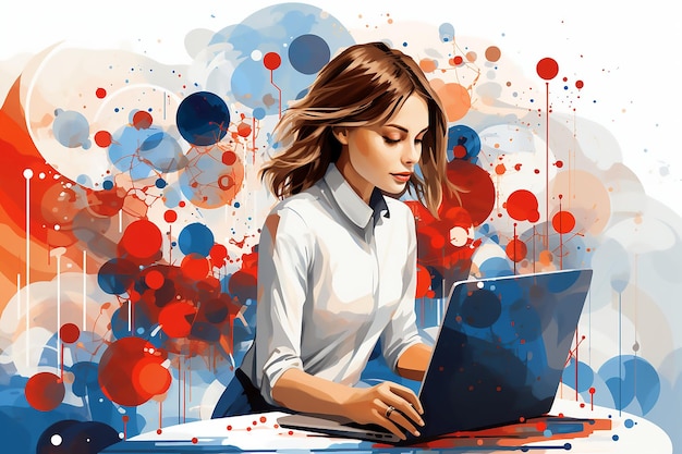 A woman working on a laptop with a colorful background.