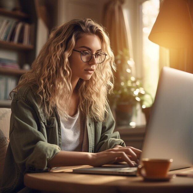 a woman working on a laptop with a cup of coffee and a coffee