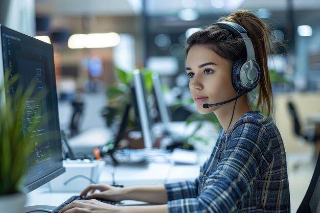 Woman working on laptop with headphone