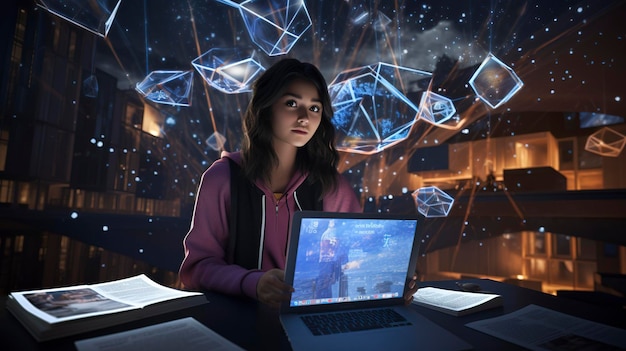 A woman working on a laptop with the words the word on the screen