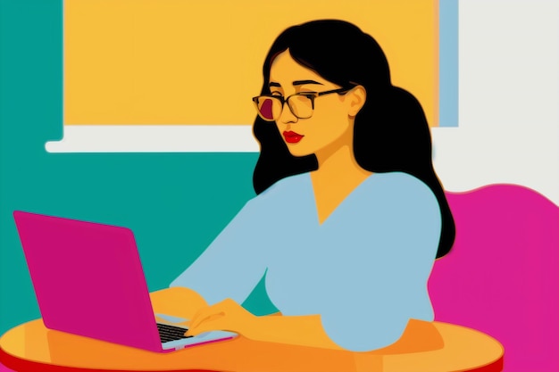 Женщина, работающая за ноутбукомСовременная женщина в эпоху цифровых технологий Генеративный ИИ