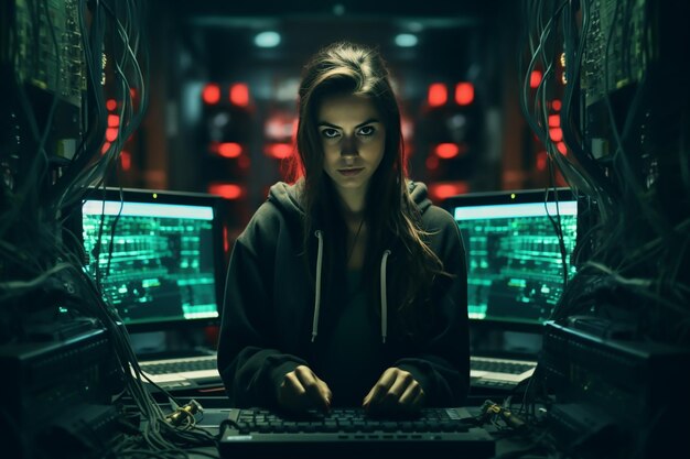 Photo woman working late in a data center