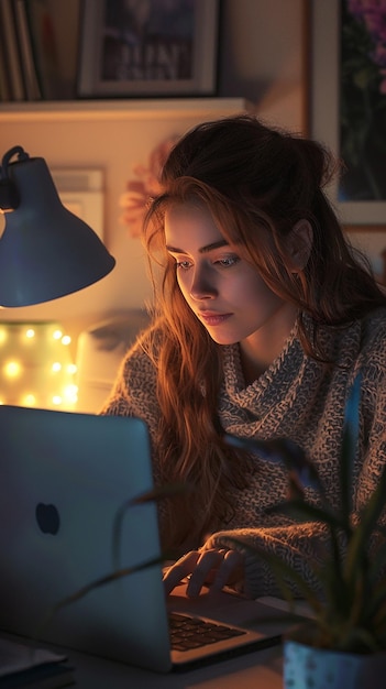 Woman Working Late at Desk with Laptop