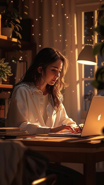 Woman Working Late at Desk with Laptop