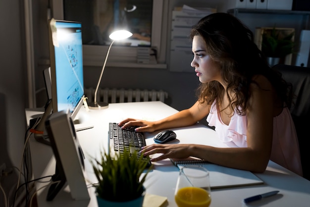 Woman working late at night at home.