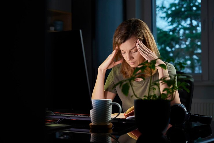 Photo woman working late remotely at home