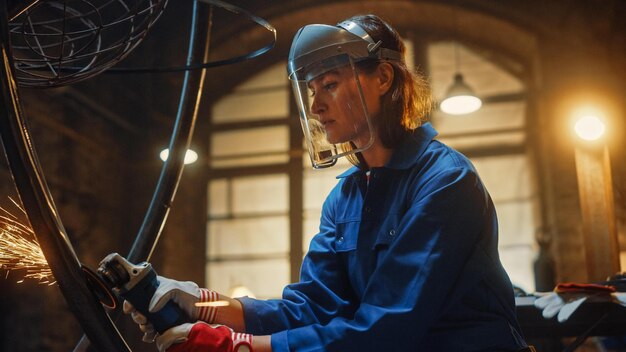 Photo a woman working on a machine in a dark room