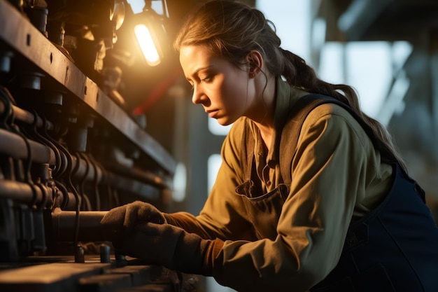 Woman working on machine in factory with light on Generative AI