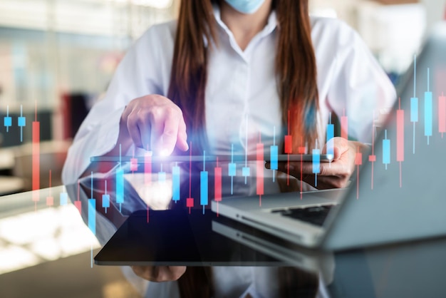 Woman working at modern officeTechnical price graph and indicator red and Blue candlestick chart and stock trading tablet and computerxA