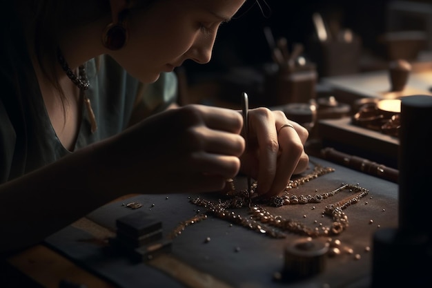 A woman working on a necklace in a dark room.