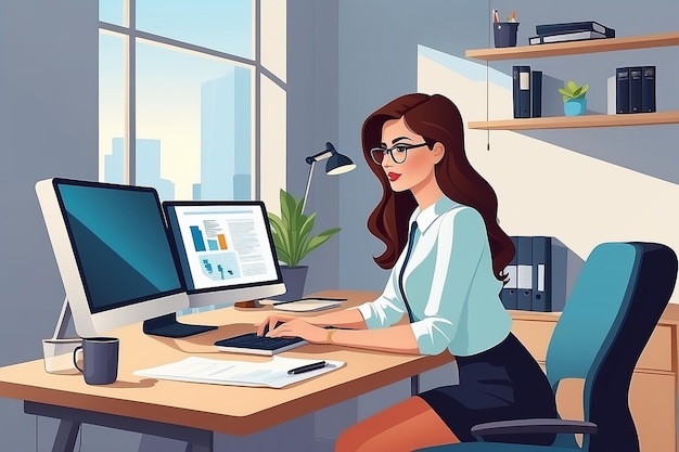 Woman working in office at the desk with computer Professional workplace Business woman on workplace vector illustration in flat style