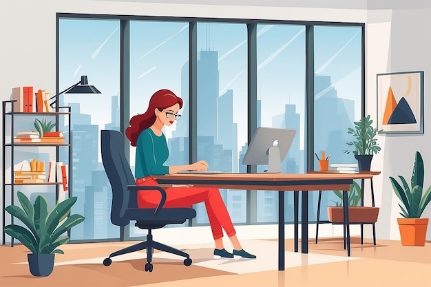 Photo woman working in office vector illustration flat style