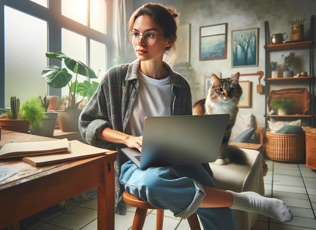 写真 家の猫とラップトップで働く女性