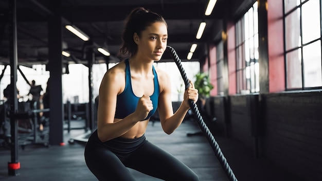 Woman working out with rope in gym