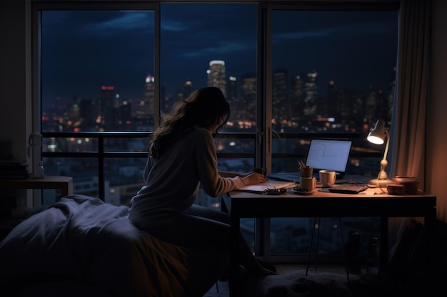 Photo woman working overtime at night in bedroom in house