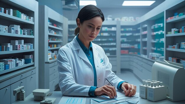 Woman working at pharmacy and wearing coat