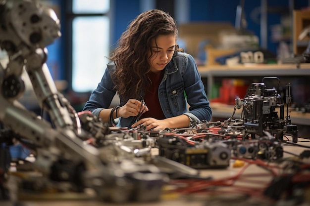 a woman working on a robot with a blue jacket on