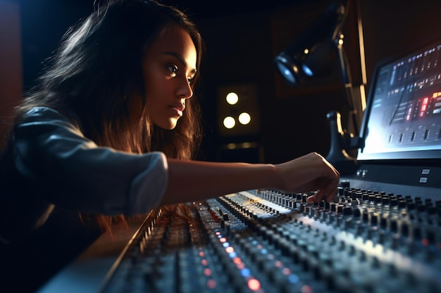 録音スタジオのサウンドボードで働く女性