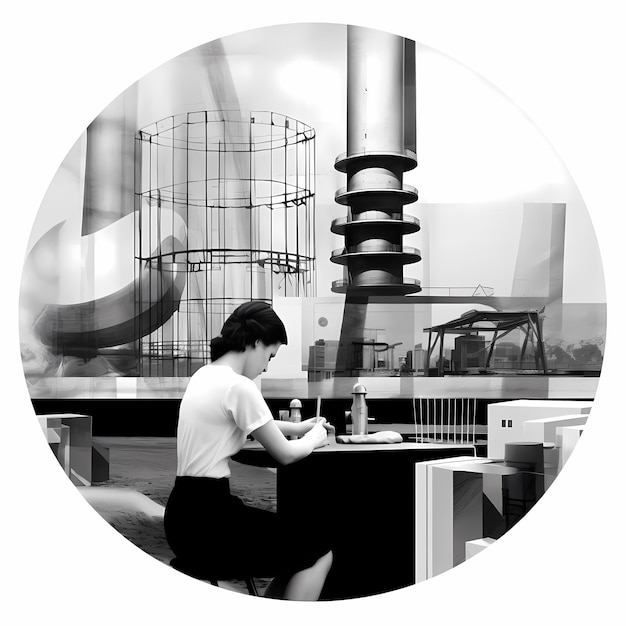 Woman working on tablet computer in modern office black and white image