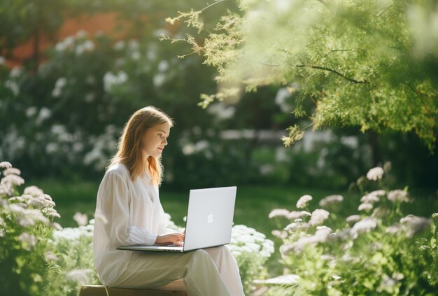 Женщина работает с ноутбуком в парке