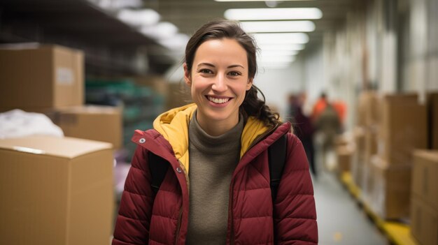 Photo woman working in a warehouse stands against a backdrop of cardboard boxes