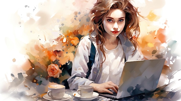 Женщина, работающая с ноутбуком Иллюстрация концепции для работы, обучения, образования, удаленной работы Акварель