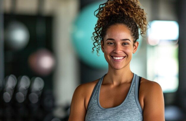 woman in workout gear as she smiles