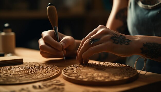 A woman works on a clay craft.