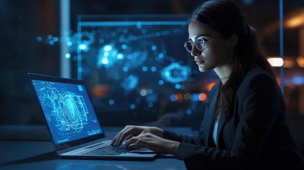 홀로그램으로 둘러싸인 컴퓨터에서 작업하는 여성