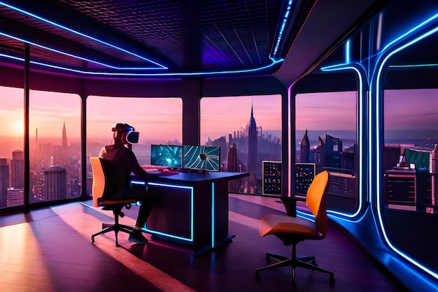 a woman works at a desk in a room with a bright neon sign that says " city of london ".